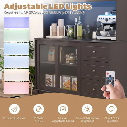 Kitchen Pantry Storage Cabinet Kitchen Hutch with LED lights and Power Outlet-Dark Brown - Deep Brown - Sideboards