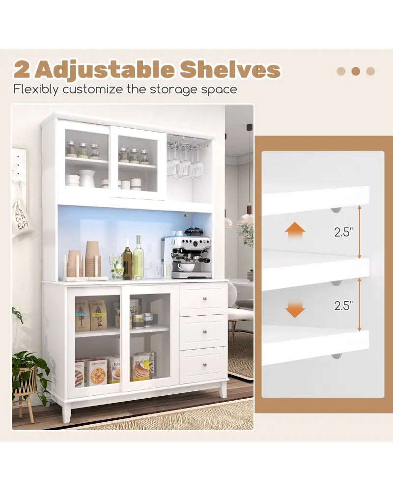 Kitchen Pantry Storage Cabinet Kitchen Hutch with LED lights and Power Outlet-White - White - Sideboards Cabinets &