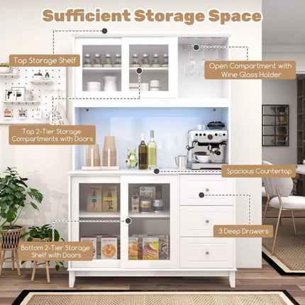 Kitchen Pantry Storage Cabinet Kitchen Hutch with LED lights and Power Outlet-White - White - Sideboards Cabinets &