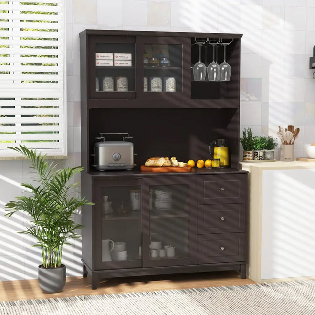 Kitchen Pantry Storage Cabinet Kitchen Hutch with LED lights and Power Outlet-Dark Brown - Deep Brown - Sideboards