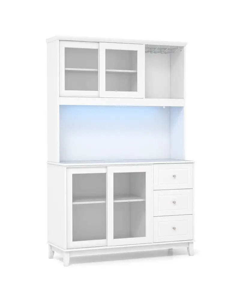 Kitchen Pantry Storage Cabinet Kitchen Hutch with LED lights and Power Outlet-White - White - Sideboards Cabinets &