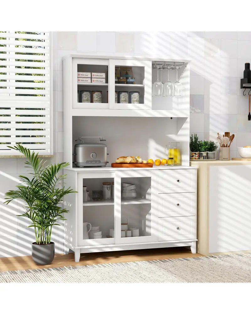 Kitchen Pantry Storage Cabinet Kitchen Hutch with LED lights and Power Outlet-White - White - Sideboards Cabinets &
