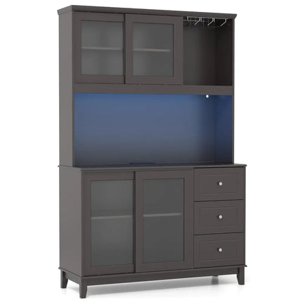 Kitchen Pantry Storage Cabinet Kitchen Hutch with LED lights and Power Outlet-Dark Brown - Deep Brown - Sideboards
