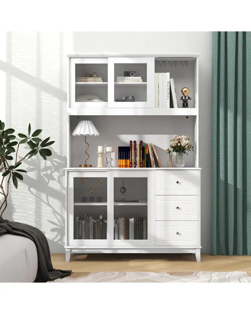 Kitchen Pantry Storage Cabinet Kitchen Hutch with LED lights and Power Outlet-White - White - Sideboards Cabinets &