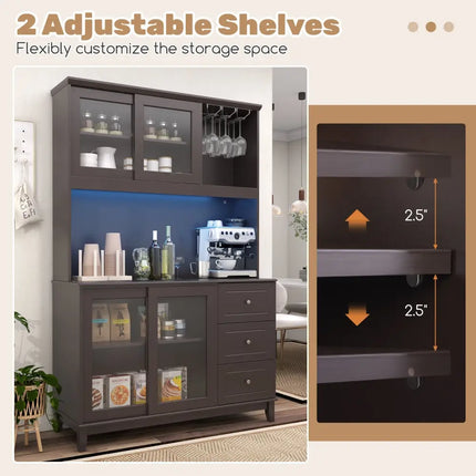 Kitchen Pantry Storage Cabinet Kitchen Hutch with LED lights and Power Outlet-Dark Brown - Deep Brown - Sideboards