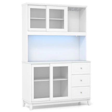 Kitchen Pantry Storage Cabinet Kitchen Hutch with LED lights and Power Outlet-White - White - Sideboards Cabinets &