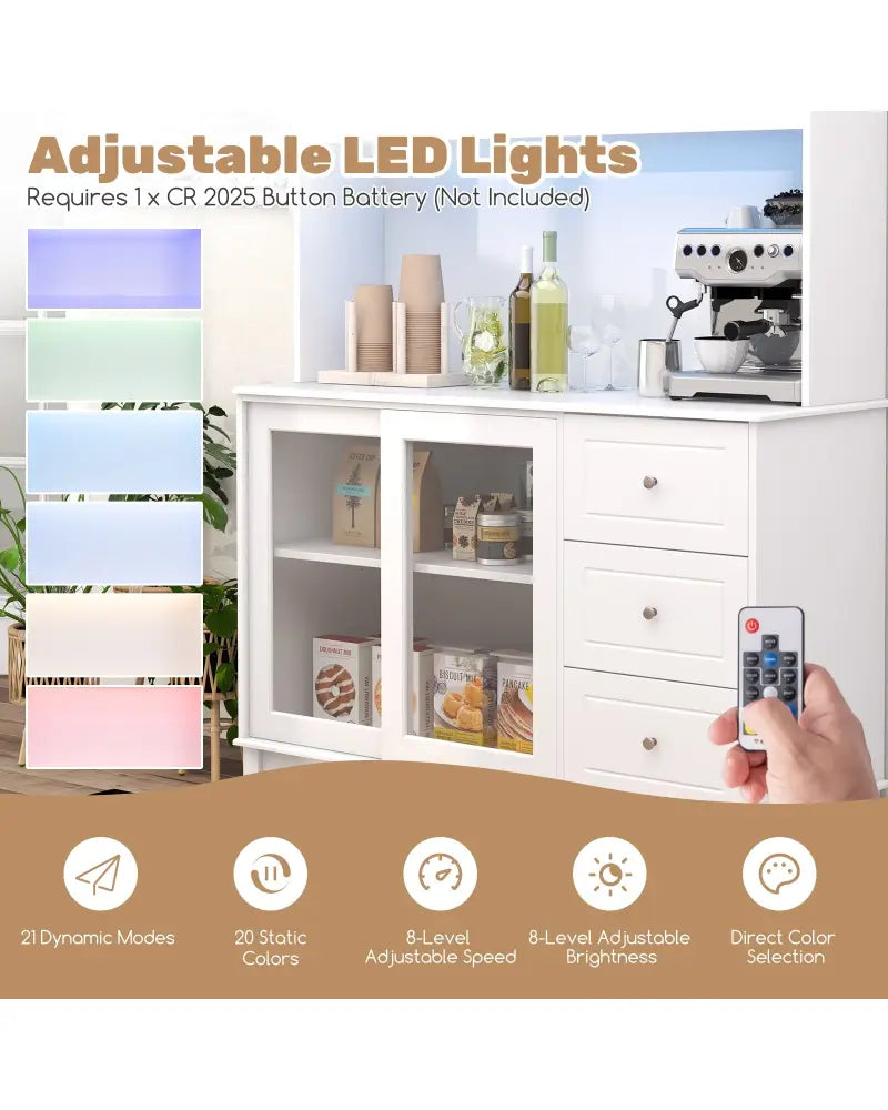 Kitchen Pantry Storage Cabinet Kitchen Hutch with LED lights and Power Outlet-White - White - Sideboards Cabinets &