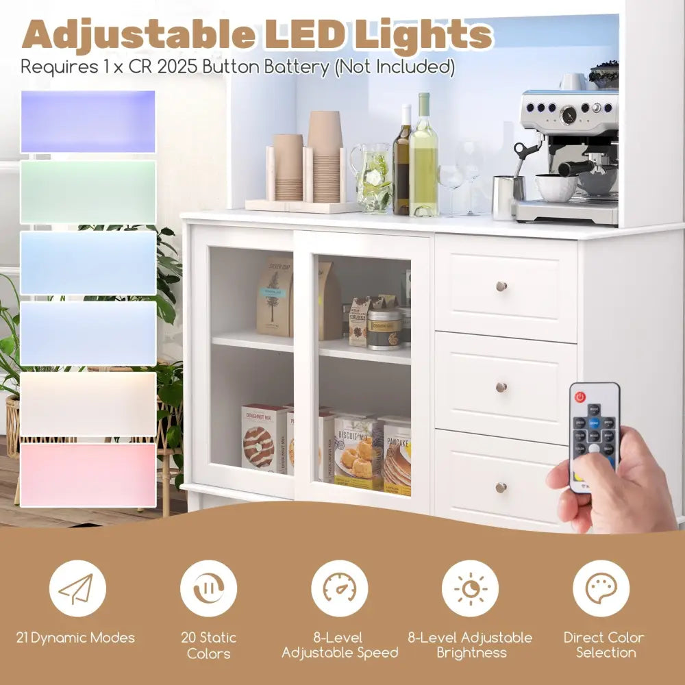 Kitchen Pantry Storage Cabinet Kitchen Hutch with LED lights and Power Outlet-White - White - Sideboards Cabinets &