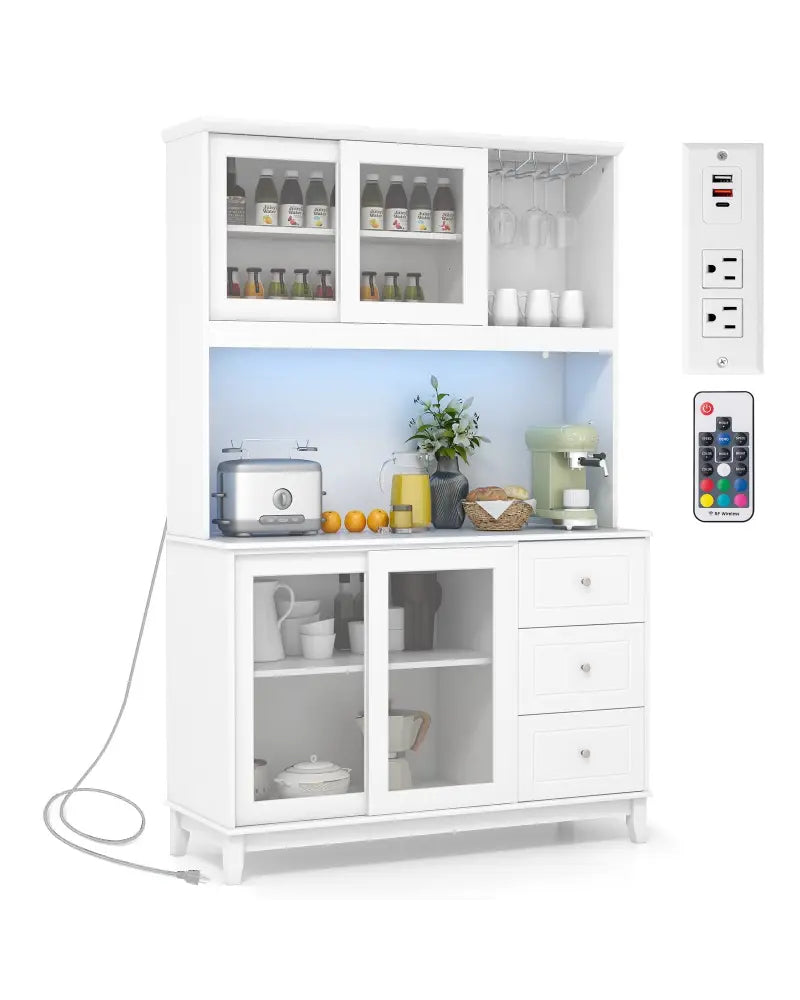 Kitchen Pantry Storage Cabinet Kitchen Hutch with LED lights and Power Outlet-White - White - Sideboards Cabinets &