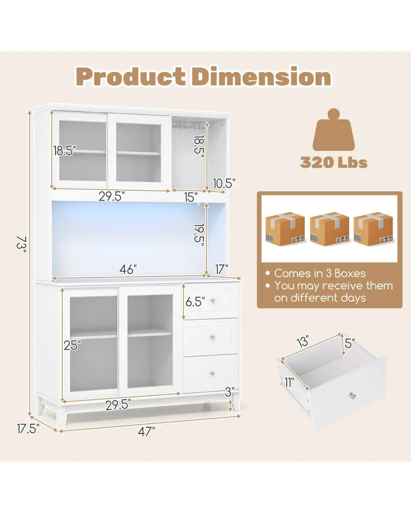 Kitchen Pantry Storage Cabinet Kitchen Hutch with LED lights and Power Outlet-White - White - Sideboards Cabinets &