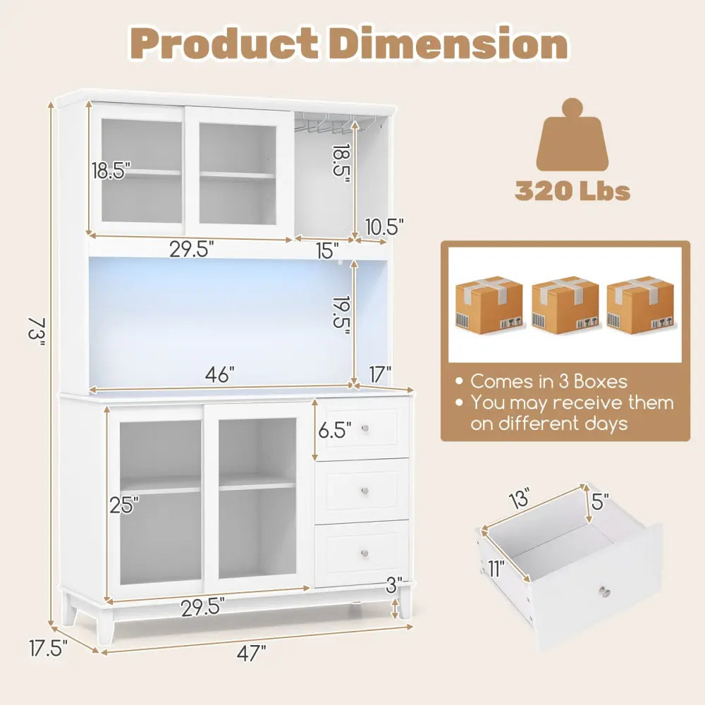 Kitchen Pantry Storage Cabinet Kitchen Hutch with LED lights and Power Outlet-White - White - Sideboards Cabinets &