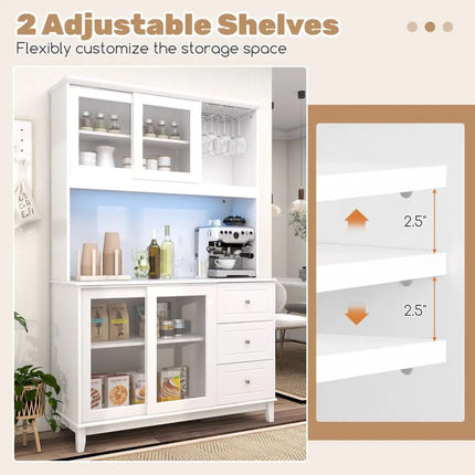 Kitchen Pantry Storage Cabinet Kitchen Hutch with LED lights and Power Outlet-White - White - Sideboards Cabinets &