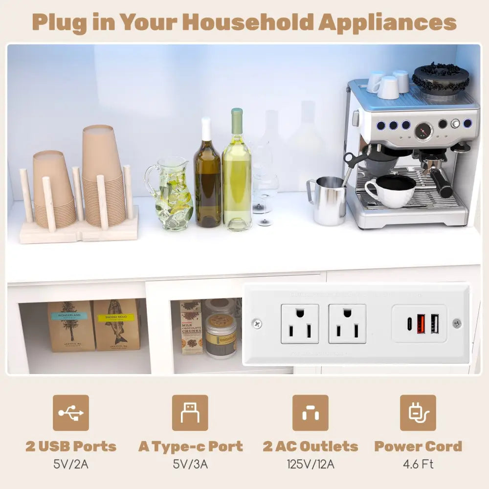 Kitchen Pantry Storage Cabinet Kitchen Hutch with LED lights and Power Outlet-White - White - Sideboards Cabinets &