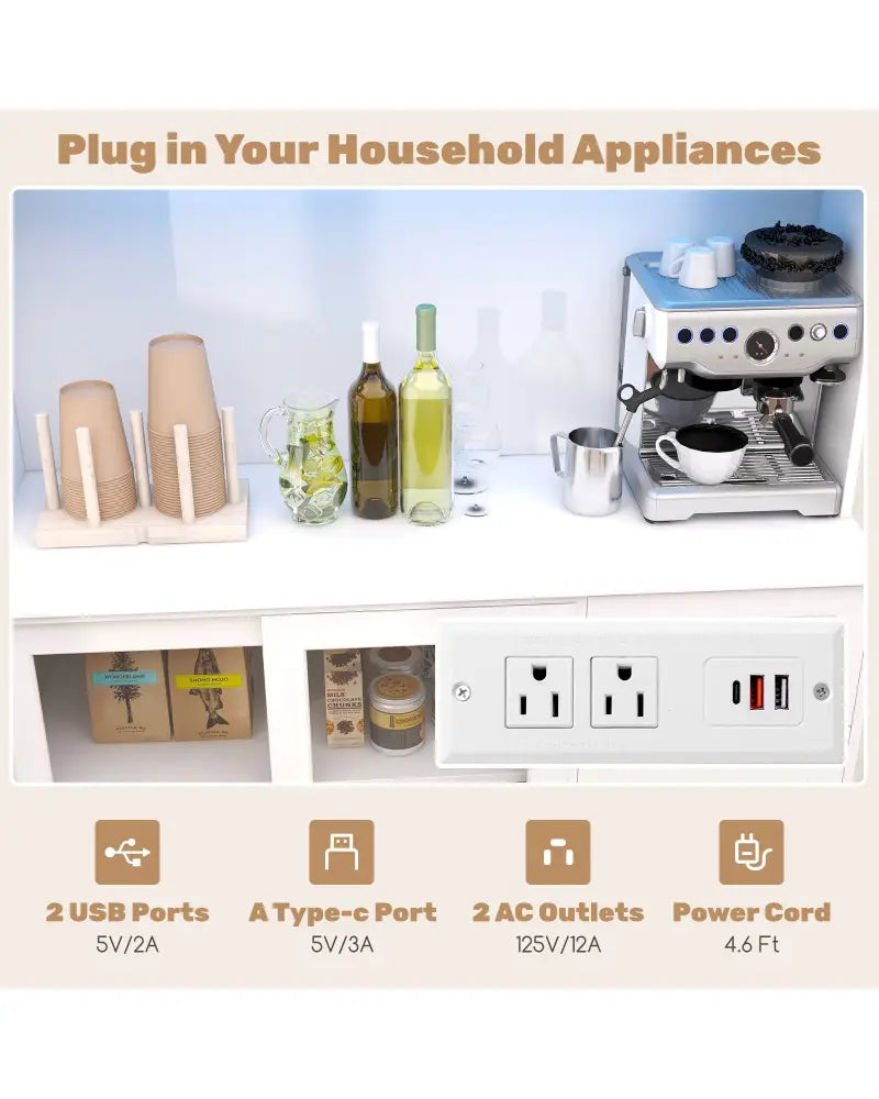 Kitchen Pantry Storage Cabinet Kitchen Hutch with LED lights and Power Outlet-White - White - Sideboards Cabinets &
