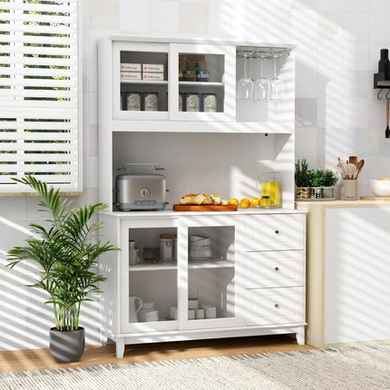 Kitchen Pantry Storage Cabinet Kitchen Hutch with LED lights and Power Outlet-White - White - Sideboards Cabinets &
