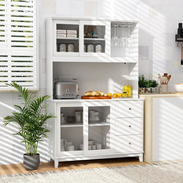 Kitchen Pantry Storage Cabinet Kitchen Hutch with LED lights and Power Outlet-White - White - Sideboards Cabinets &