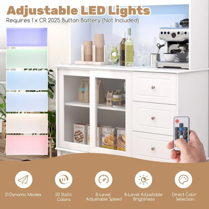 Kitchen Pantry Storage Cabinet Kitchen Hutch with LED lights and Power Outlet-White - White - Sideboards Cabinets &