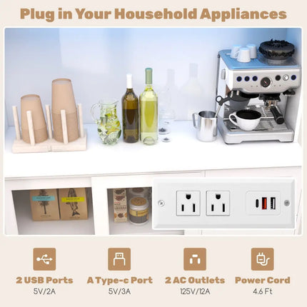 Kitchen Pantry Storage Cabinet Kitchen Hutch with LED lights and Power Outlet-White - White - Sideboards Cabinets &
