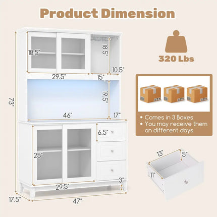 Kitchen Pantry Storage Cabinet Kitchen Hutch with LED lights and Power Outlet-White - White - Sideboards Cabinets &