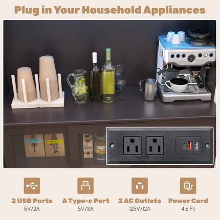 Kitchen Pantry Storage Cabinet Kitchen Hutch with LED lights and Power Outlet-Dark Brown - Deep Brown - Sideboards
