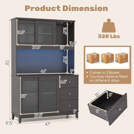 Kitchen Pantry Storage Cabinet Kitchen Hutch with LED lights and Power Outlet-Dark Brown - Deep Brown - Sideboards