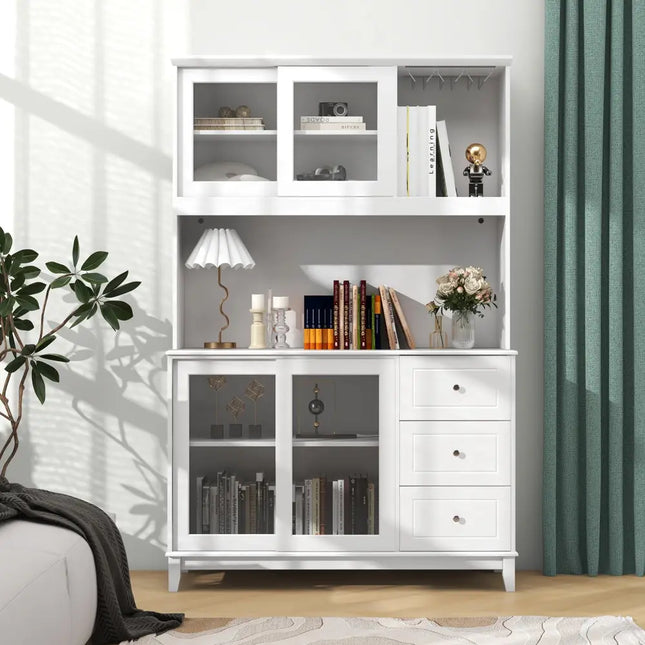 Kitchen Pantry Storage Cabinet Kitchen Hutch with LED lights and Power Outlet-White - White - Sideboards Cabinets &