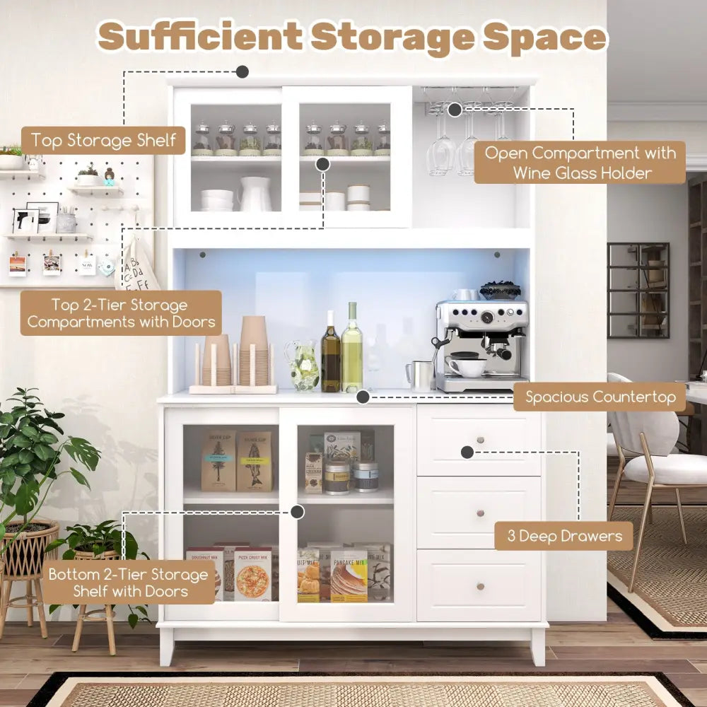 Kitchen Pantry Storage Cabinet Kitchen Hutch with LED lights and Power Outlet-White - White - Sideboards Cabinets &