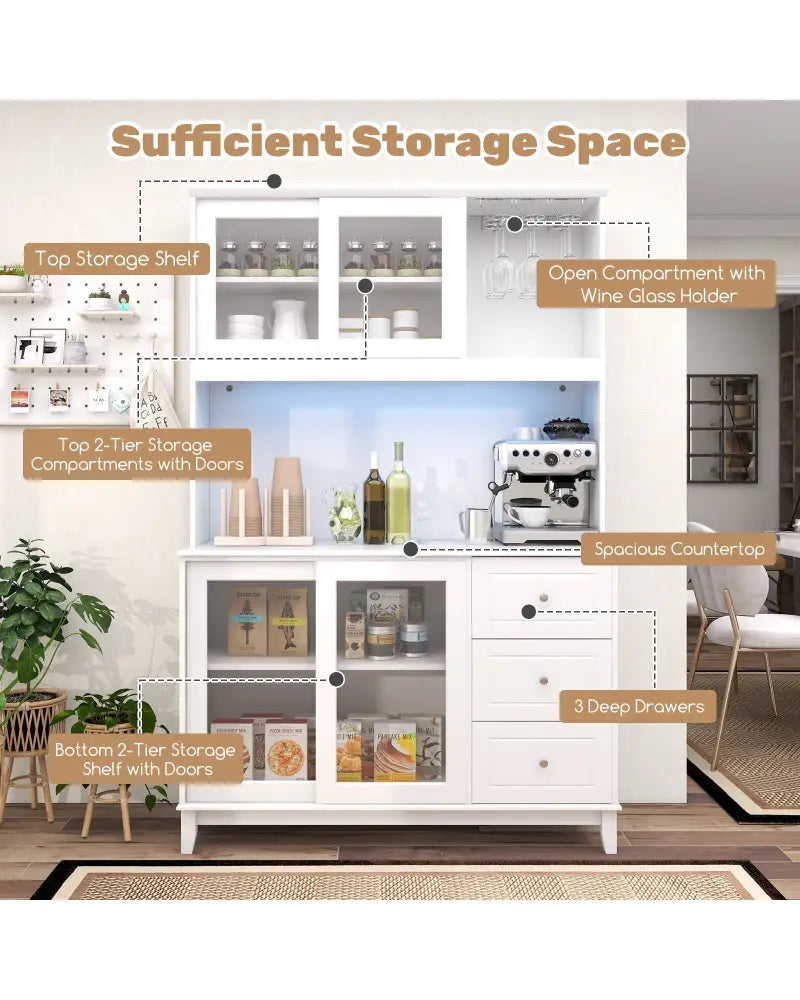 Kitchen Pantry Storage Cabinet Kitchen Hutch with LED lights and Power Outlet-White - White - Sideboards Cabinets &