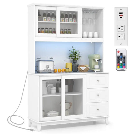 Kitchen Pantry Storage Cabinet Kitchen Hutch with LED lights and Power Outlet-White - White - Sideboards Cabinets &
