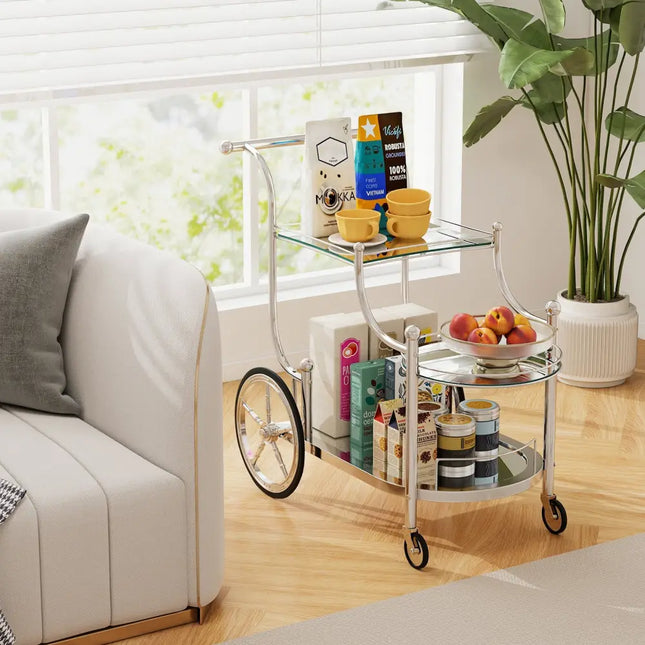 Kitchen Rolling Bar Cart with Tempered Glass Suitable for Restaurant and Hotel - Silver - Kitchen Islands & Carts