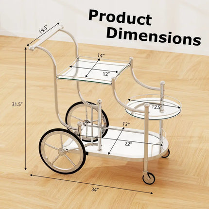 Kitchen Rolling Bar Cart with Tempered Glass Suitable for Restaurant and Hotel - Silver - Kitchen Islands & Carts