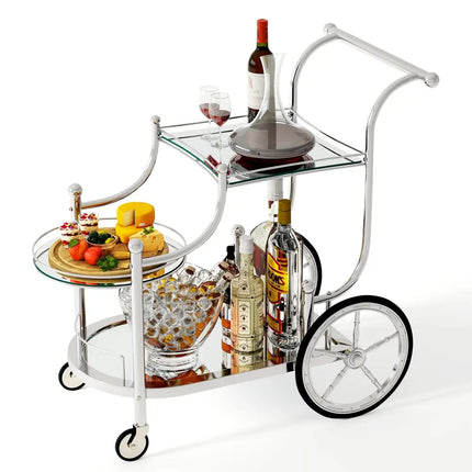 Kitchen Rolling Bar Cart with Tempered Glass Suitable for Restaurant and Hotel - Silver - Kitchen Islands & Carts
