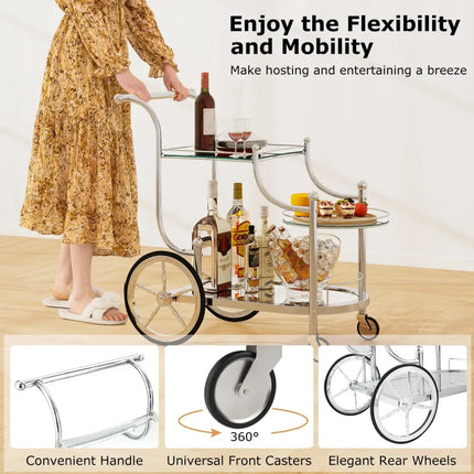 Kitchen Rolling Bar Cart with Tempered Glass Suitable for Restaurant and Hotel - Silver - Kitchen Islands & Carts