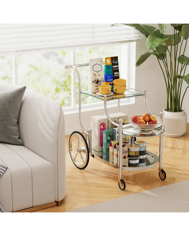 Kitchen Rolling Bar Cart with Tempered Glass Suitable for Restaurant and Hotel - Silver - Kitchen Islands & Carts