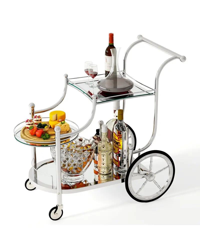 Kitchen Rolling Bar Cart with Tempered Glass Suitable for Restaurant and Hotel - Silver - Kitchen Islands & Carts