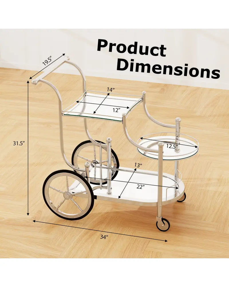 Kitchen Rolling Bar Cart with Tempered Glass Suitable for Restaurant and Hotel - Silver - Kitchen Islands & Carts