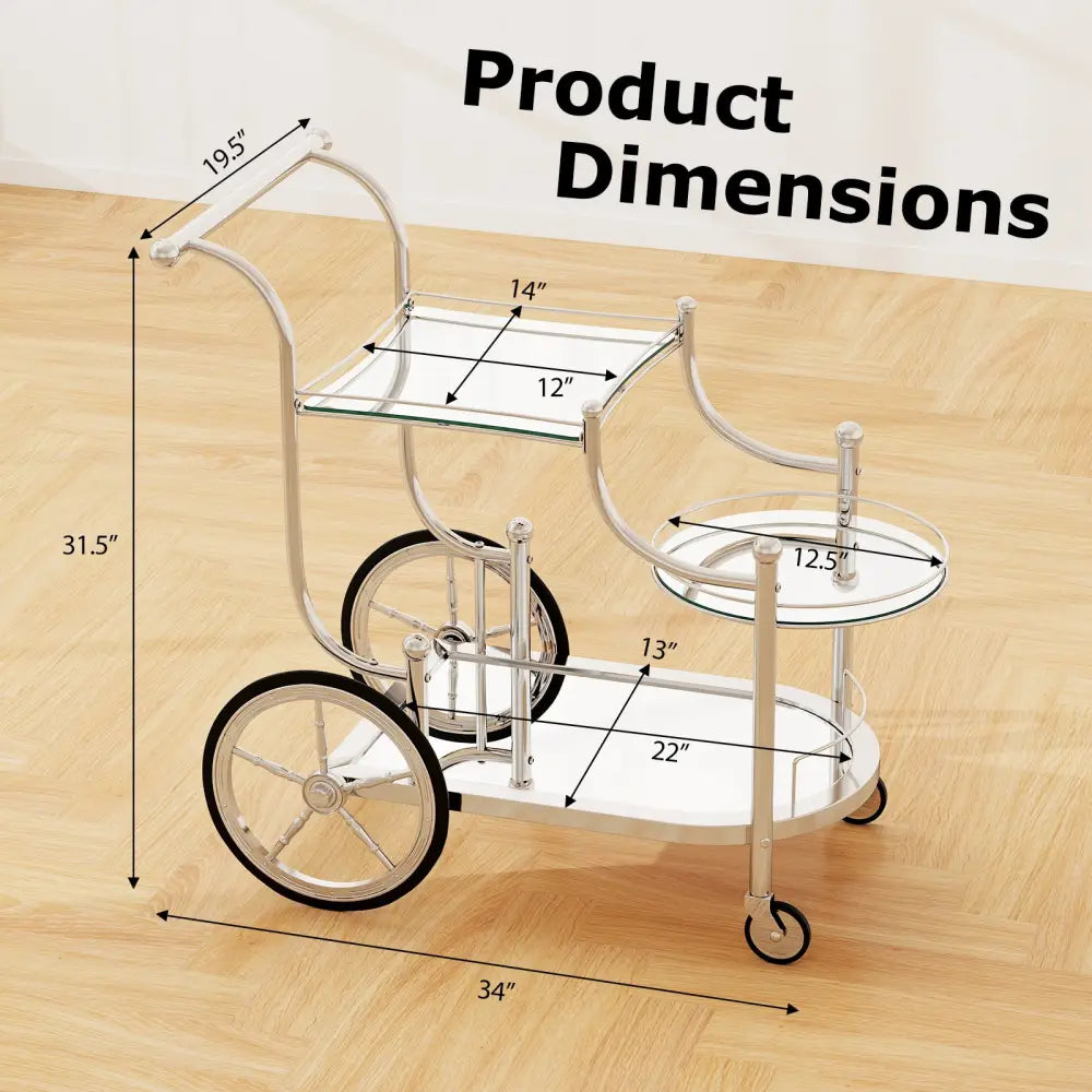 Kitchen Rolling Bar Cart with Tempered Glass Suitable for Restaurant and Hotel - Silver - Kitchen Islands & Carts