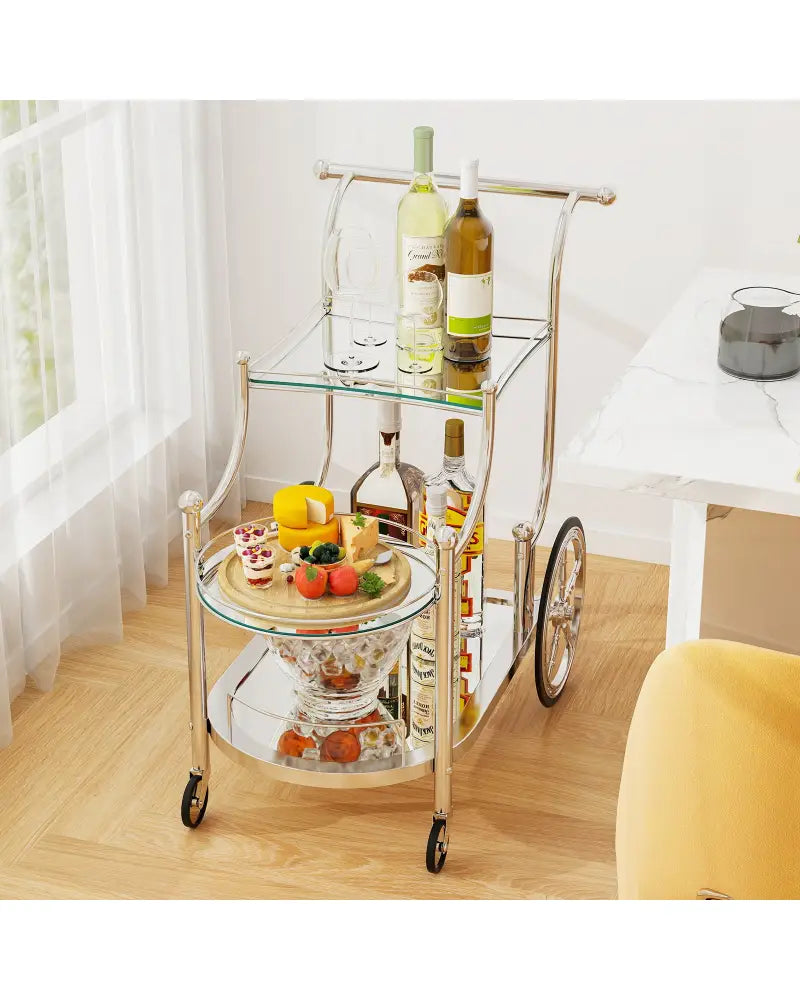 Kitchen Rolling Bar Cart with Tempered Glass Suitable for Restaurant and Hotel - Silver - Kitchen Islands & Carts