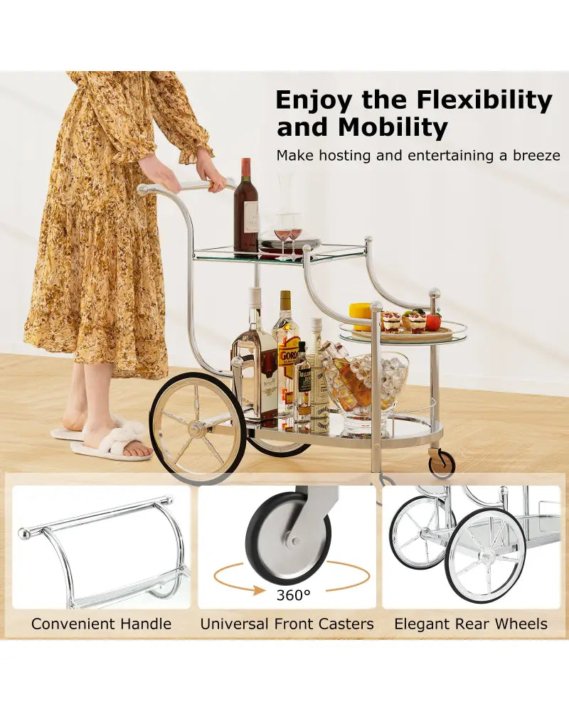 Kitchen Rolling Bar Cart with Tempered Glass Suitable for Restaurant and Hotel - Silver - Kitchen Islands & Carts