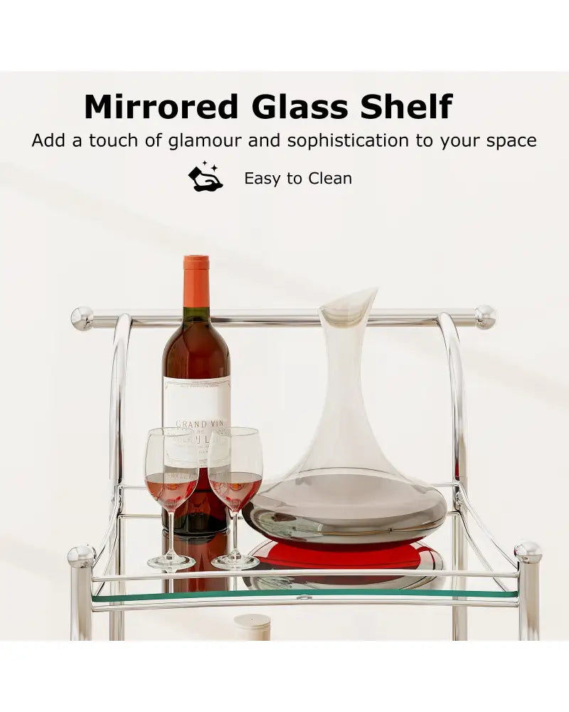 Kitchen Rolling Bar Cart with Tempered Glass Suitable for Restaurant and Hotel - Silver - Kitchen Islands & Carts