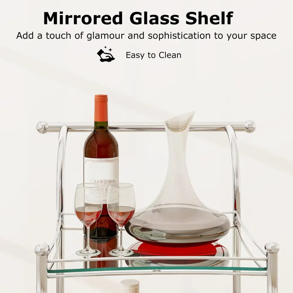 Kitchen Rolling Bar Cart with Tempered Glass Suitable for Restaurant and Hotel - Silver - Kitchen Islands & Carts