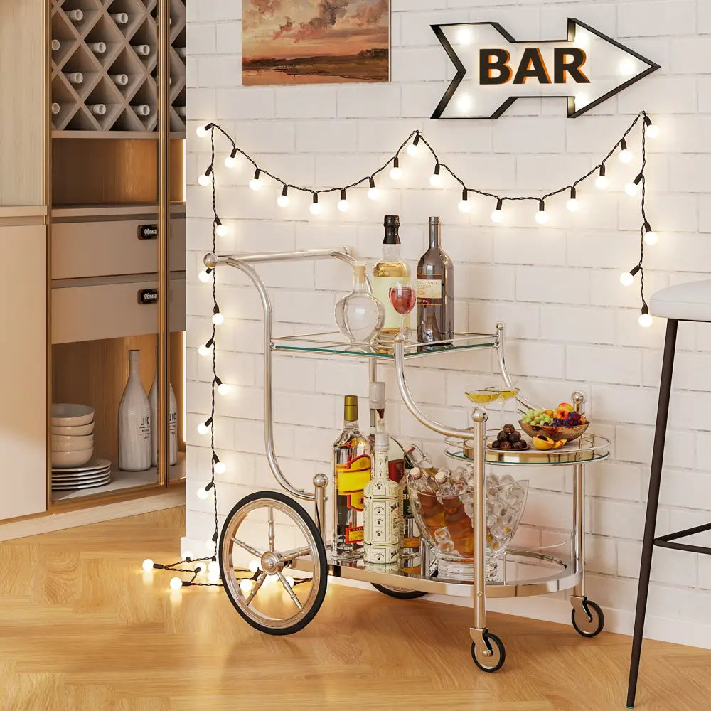 Kitchen Rolling Bar Cart with Tempered Glass Suitable for Restaurant and Hotel - Silver - Kitchen Islands & Carts