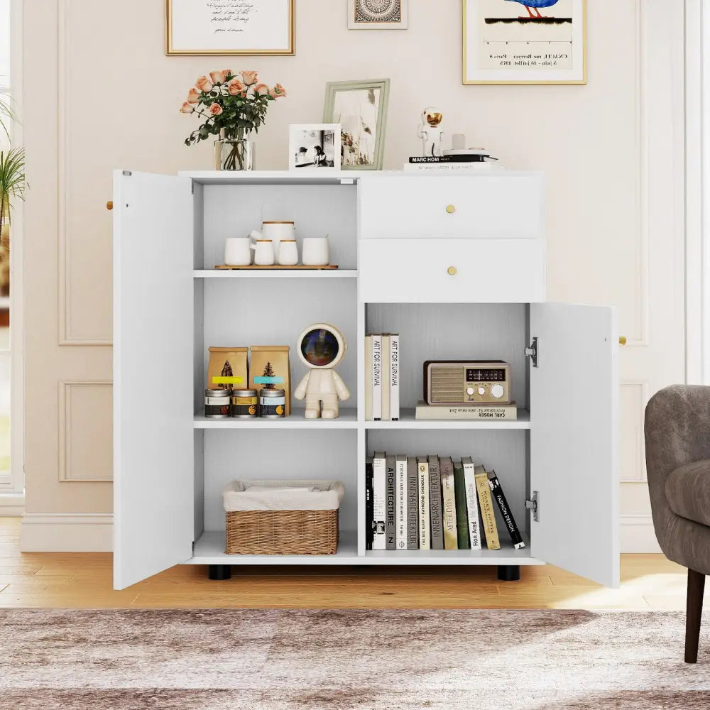 Kitchen Sideboard Buffet Cabinet Coffee Bar Cabinet with 2 Drawers 2 Doors and 3 Adjustable Shelves-White - White