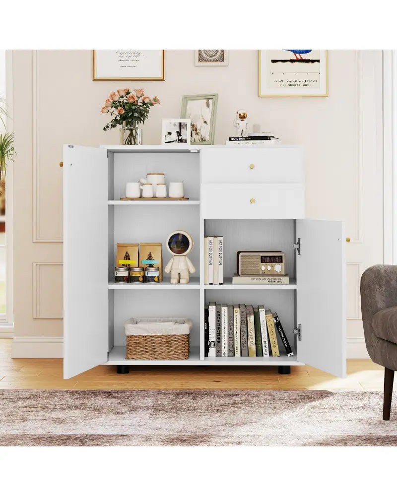 Kitchen Sideboard Buffet Cabinet Coffee Bar Cabinet with 2 Drawers 2 Doors and 3 Adjustable Shelves-White - White