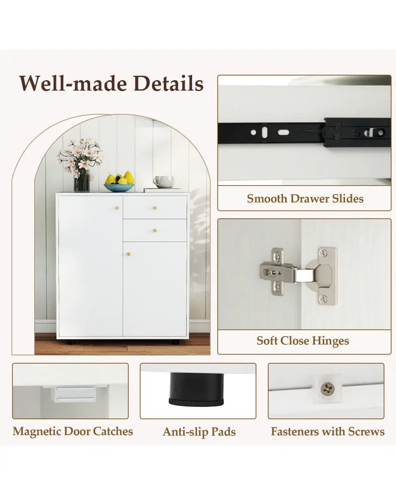 Kitchen Sideboard Buffet Cabinet Coffee Bar Cabinet with 2 Drawers 2 Doors and 3 Adjustable Shelves-White - White