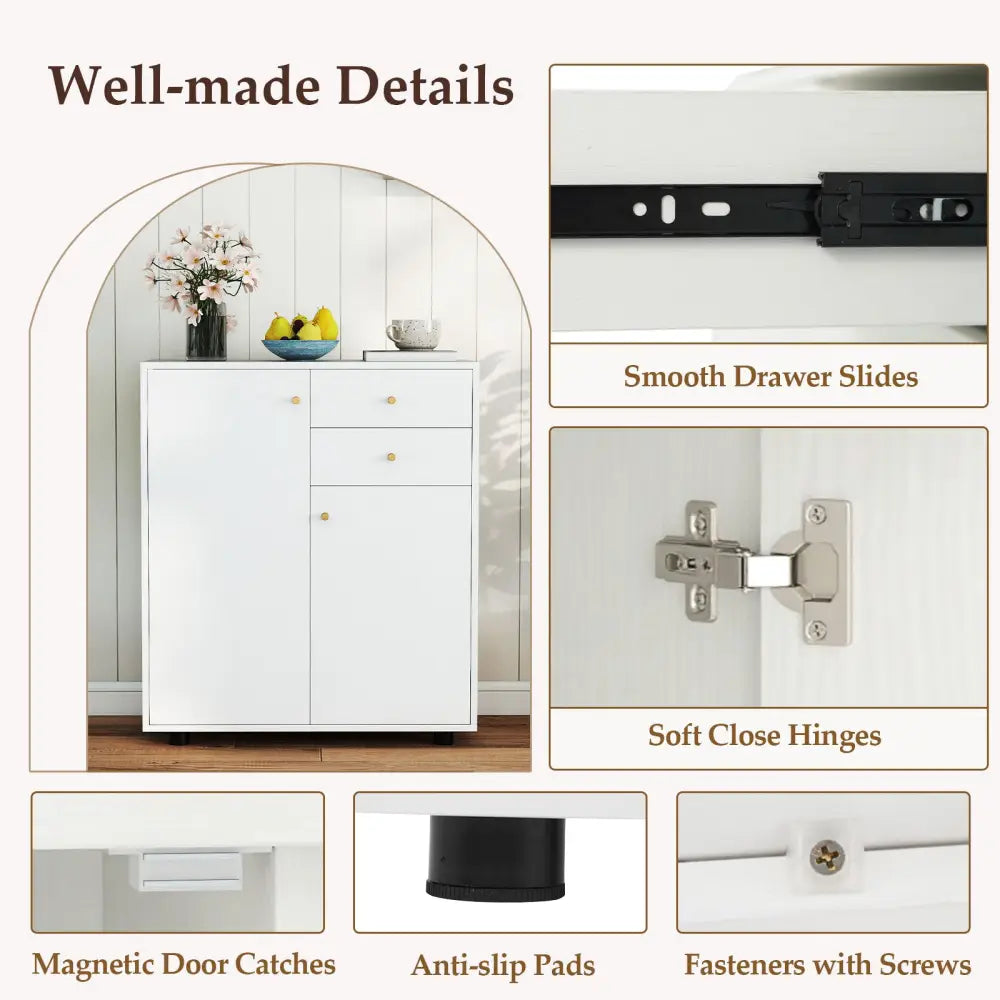 Kitchen Sideboard Buffet Cabinet Coffee Bar Cabinet with 2 Drawers 2 Doors and 3 Adjustable Shelves-White - White