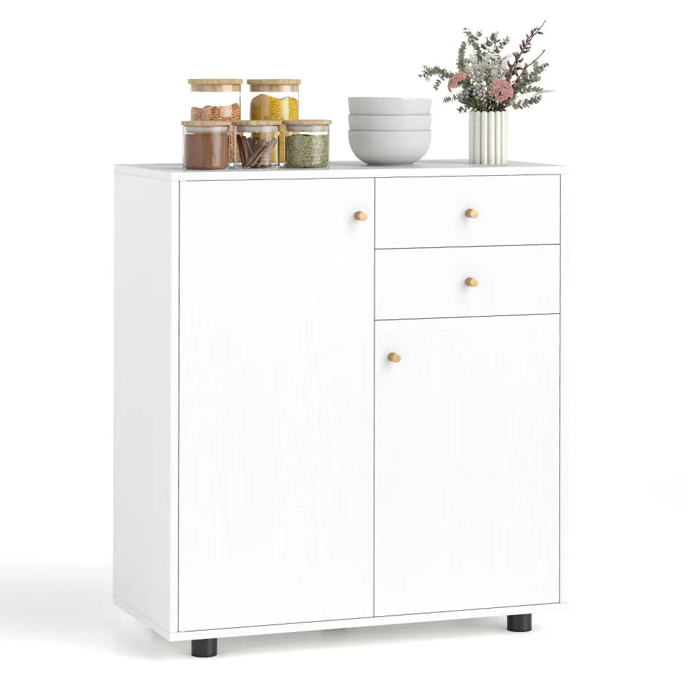Kitchen Sideboard Buffet Cabinet Coffee Bar Cabinet with 2 Drawers 2 Doors and 3 Adjustable Shelves-White - White
