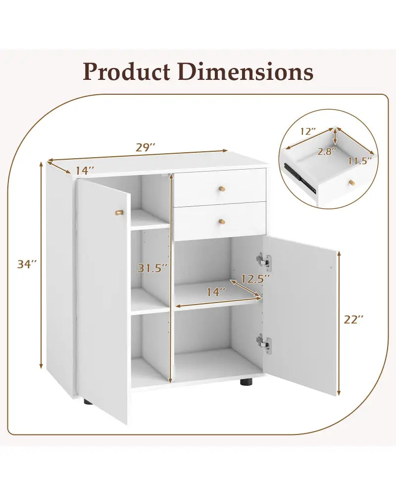 Kitchen Sideboard Buffet Cabinet Coffee Bar Cabinet with 2 Drawers 2 Doors and 3 Adjustable Shelves-White - White