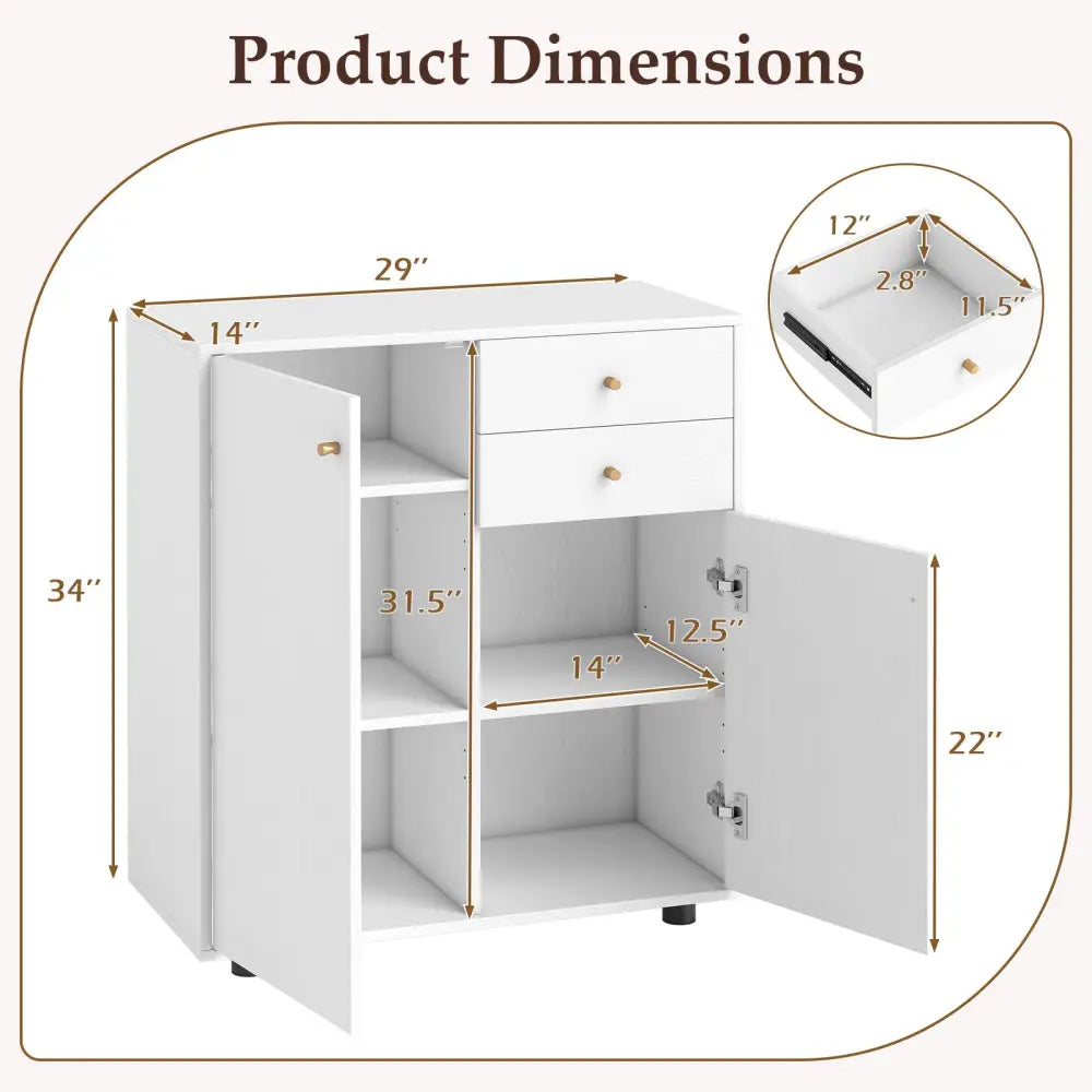 Kitchen Sideboard Buffet Cabinet Coffee Bar Cabinet with 2 Drawers 2 Doors and 3 Adjustable Shelves-White - White