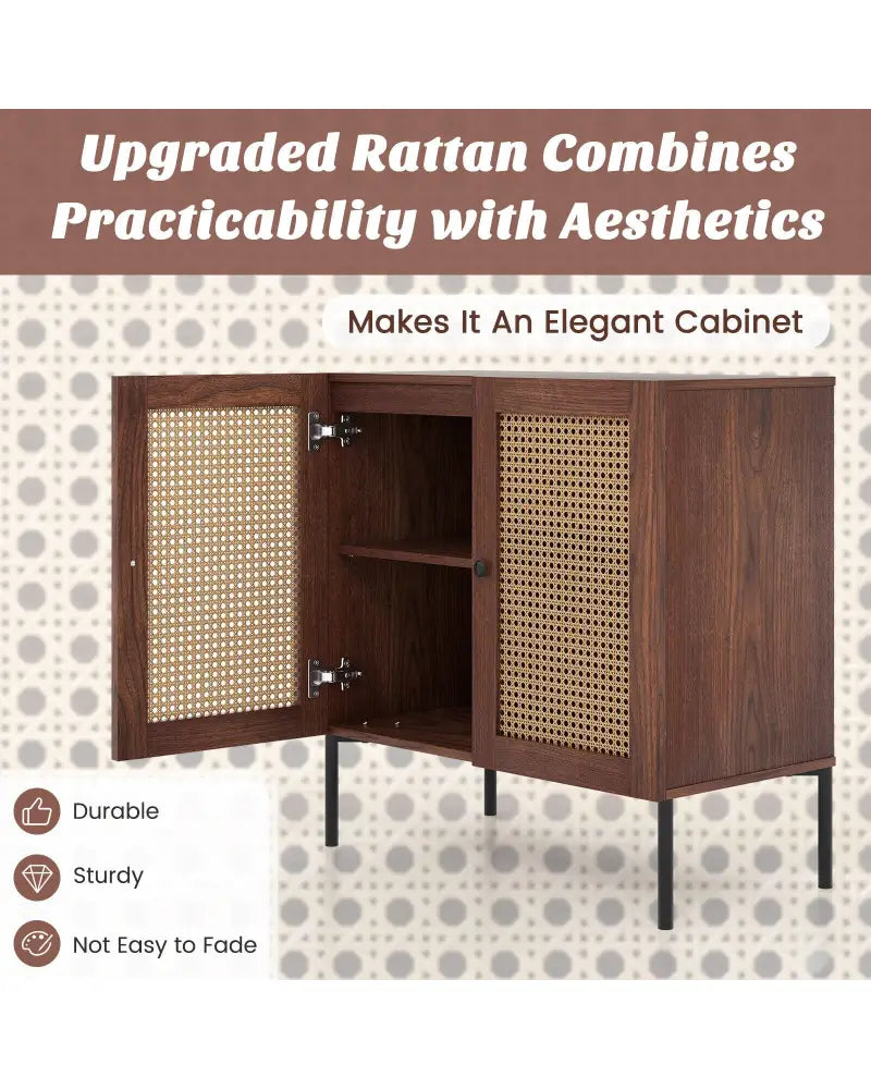 Kitchen Sideboard with 2 Rattan Doors and Adjustable Shelf-Walnut - Walnut - Sideboards Cabinets & Buffets